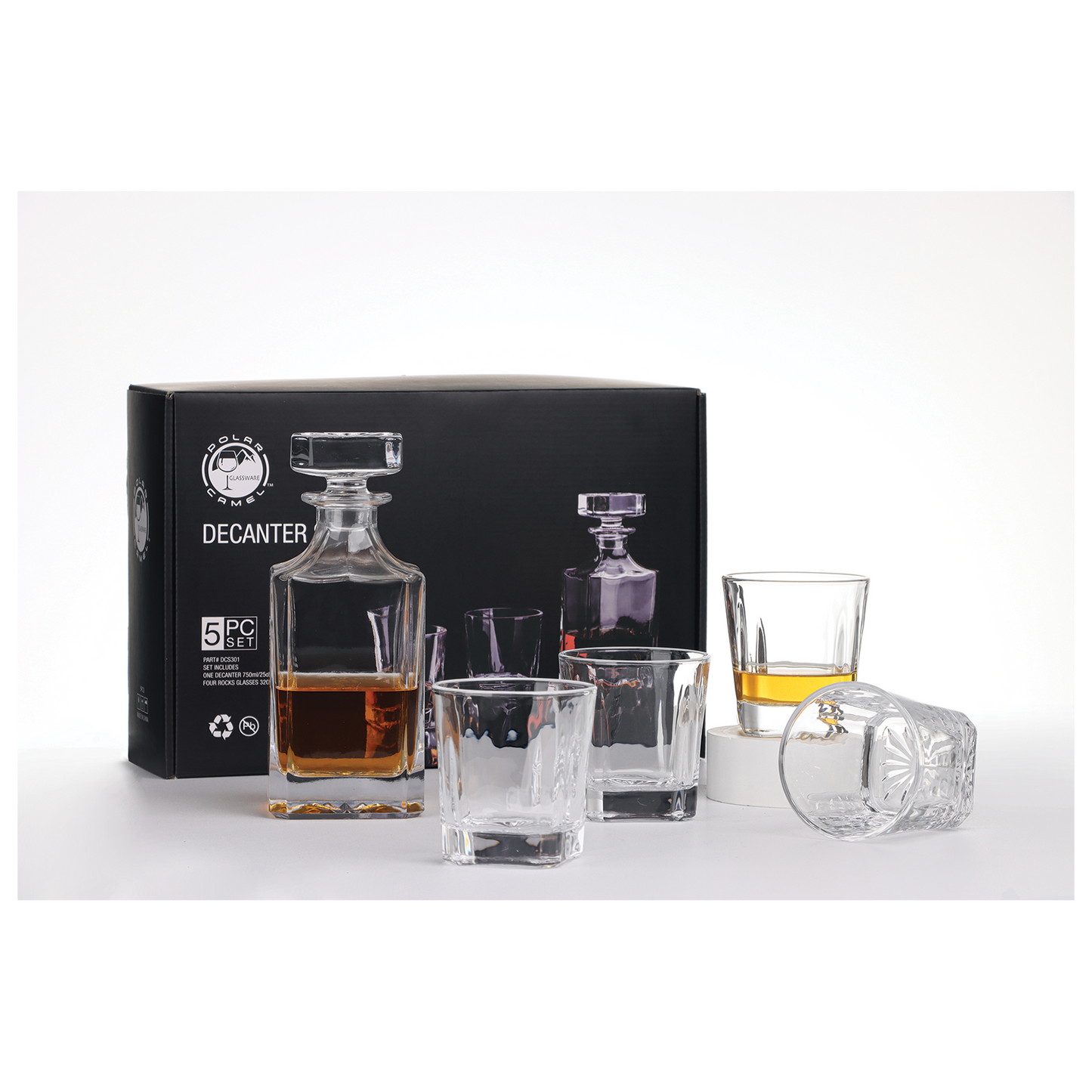 750ML Square Glass Decanter Set with Four 11 oz. Rock glasses